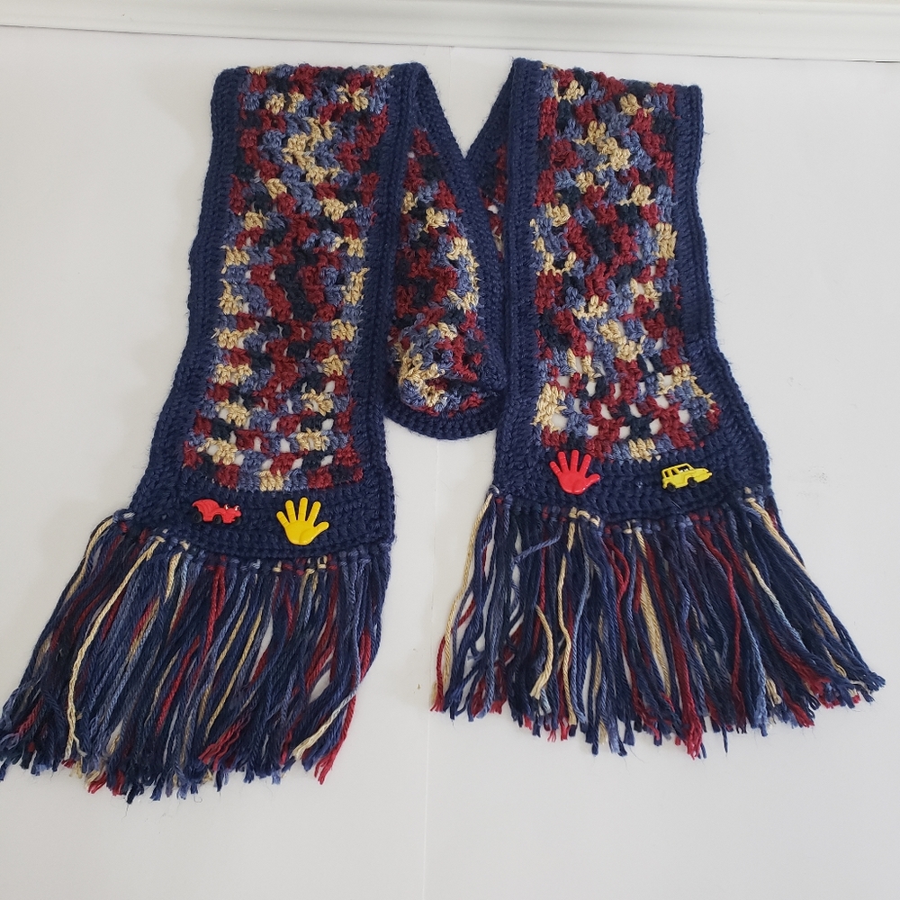 Vtg. Handmade Crochet Scarf Fringe Boho Winter Accessory Multicolor Hipster Y2K